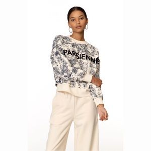 ELLANDEMM Parisienne Crew Neck Sweater Top Beige, Navy Blue Toile de Jouy M